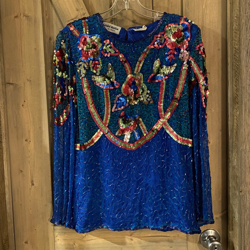 SILKY NITES by Cherish Blue SILK BEADED SEQUIN BLOUSE
Evening  Top Women's Med
